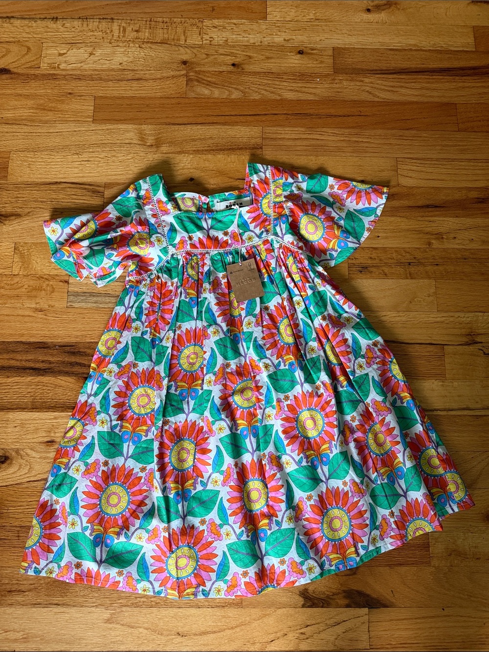 Mini Boden White Dress with Bright Orange, Yellow & Green Floral Print